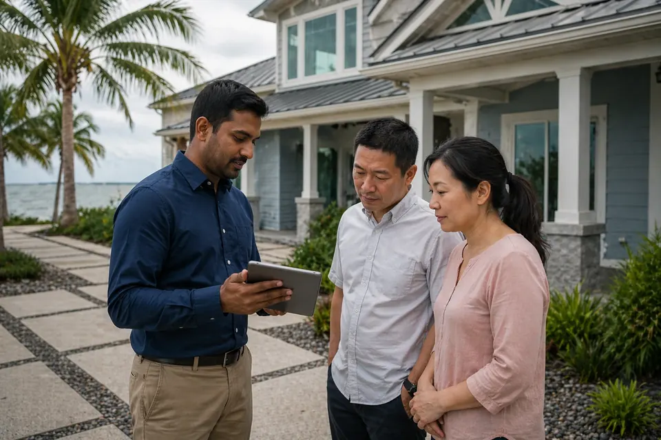 Corpus Christi public adjuster reviewing storm damage with homeowners outside a coastal home