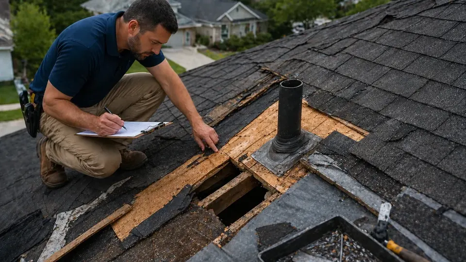 Homeowner reviewing an insurance claim denial letter at a kitchen table