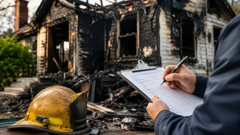 Fire-damaged interior of a home in Corpus Christi, Texas with charred framing and smoke staining