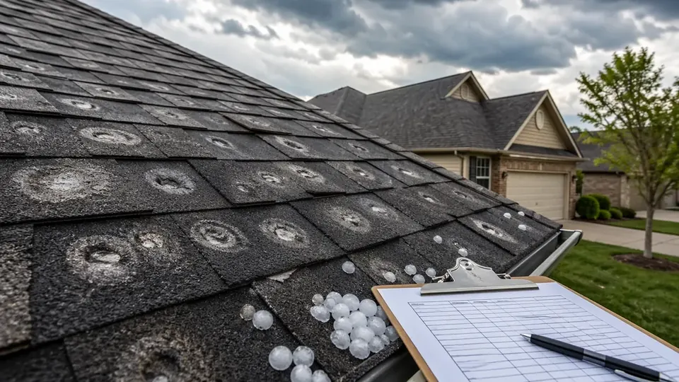 Hail impacts on composition shingles on a Corpus Christi, Texas home after a spring storm