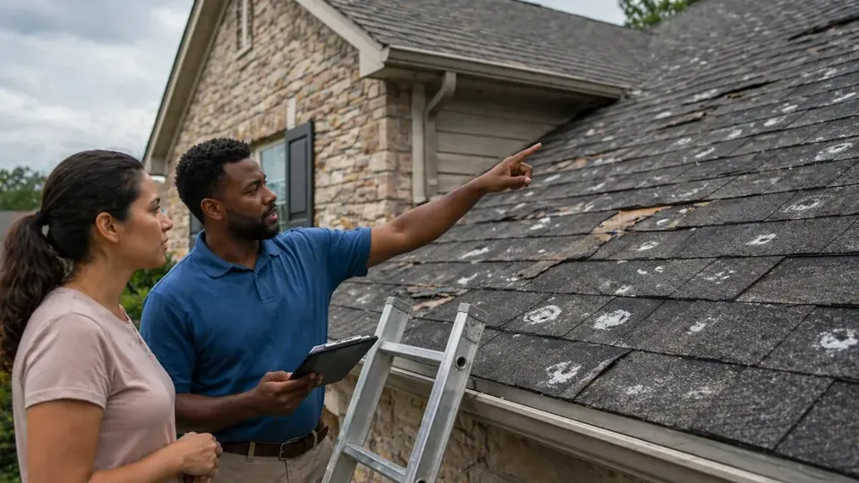 Roofer photographing damaged decking found during a re-roof in Corpus Christi