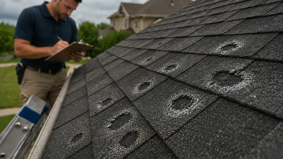 Inspector photographing storm damage on a residential roof in Corpus Christi, Texas